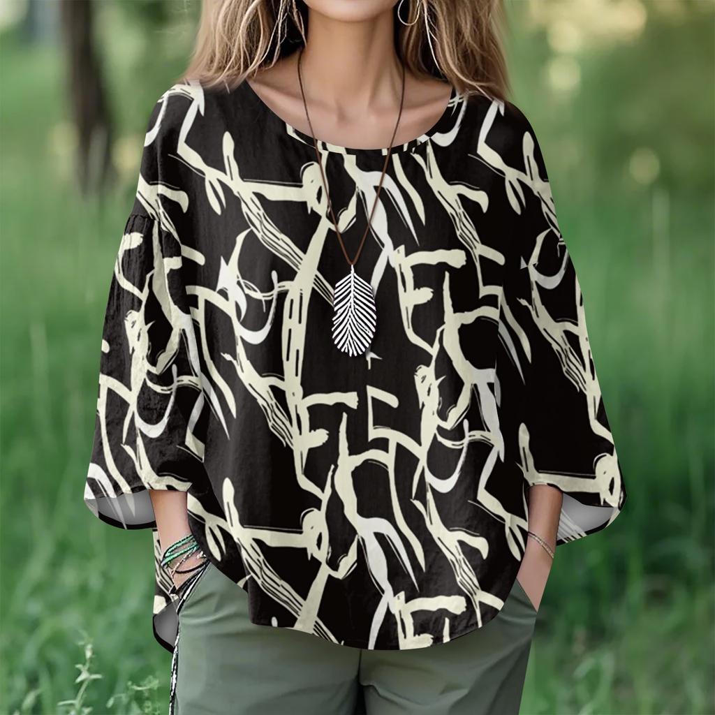 Summer Tops For Women Cute O Neck 3/4 Sleeve Blouses Floral Print Top Casual Shirts
