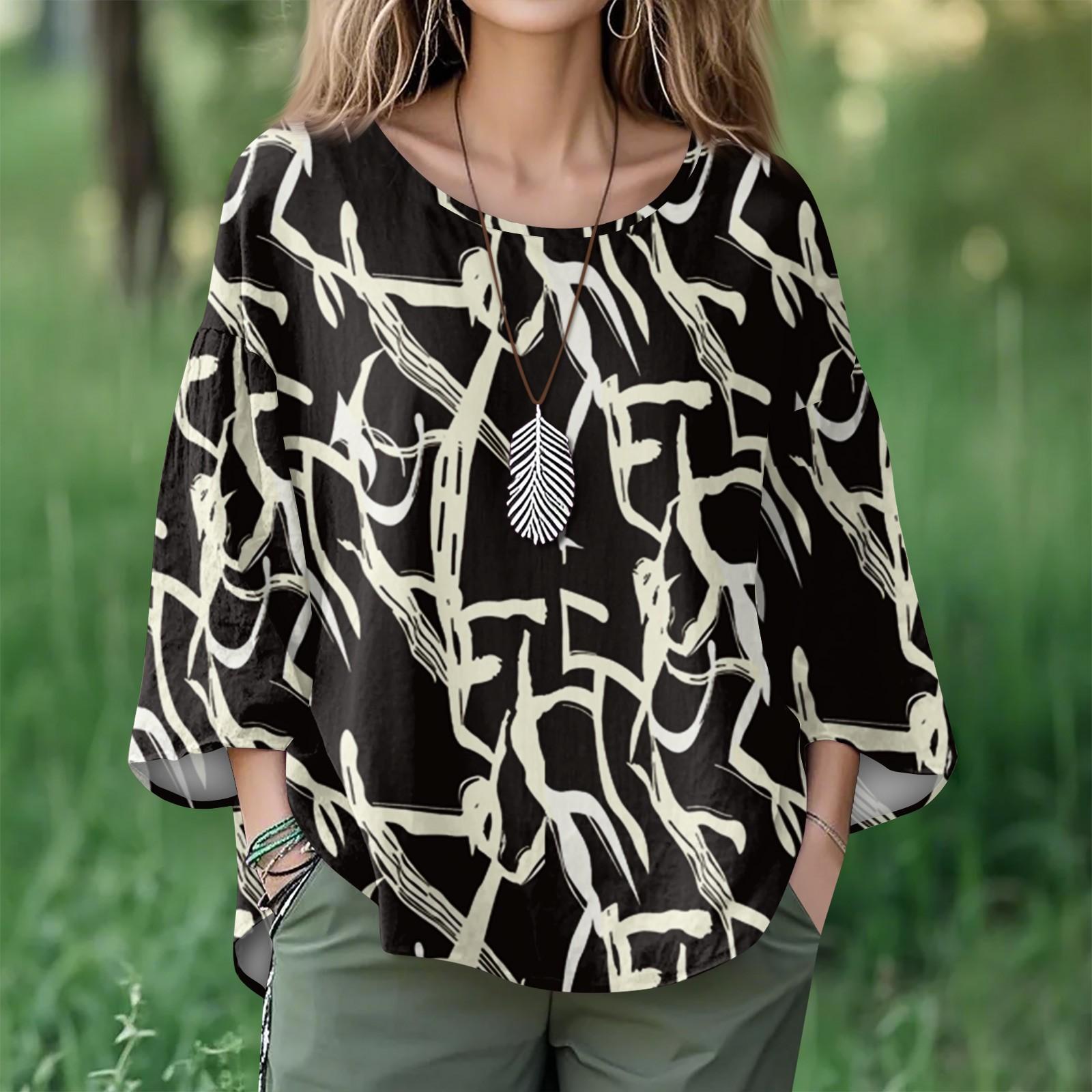 

Summer Tops For Women Cute O Neck 3/4 Sleeve Blouses Floral Print Top Casual Shirts S чёрный