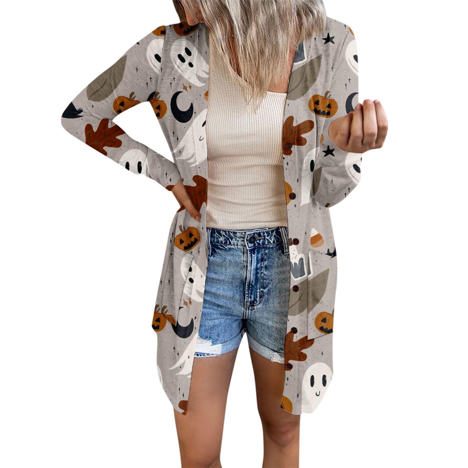 

Женский повседневный кардиган, топ с длинными рукавами и карманами с принтом на Хэллоуин M серый