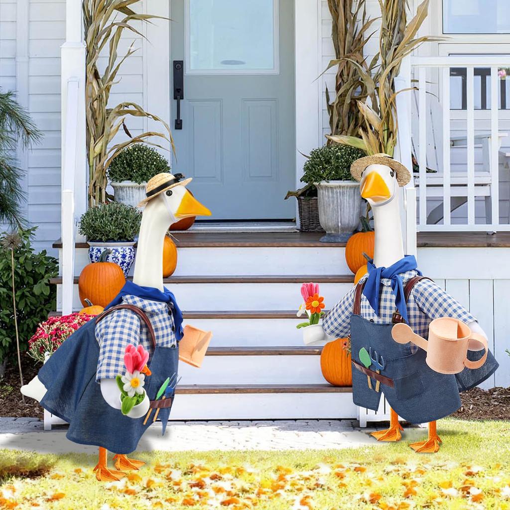 Gardener Porch Goose Outfit Set 2 Piece Clothes Fits 23 Inch Cement Plastic Goose Statue   Includes Hat  Scarf  Watering Can  Flower Pot  Tools