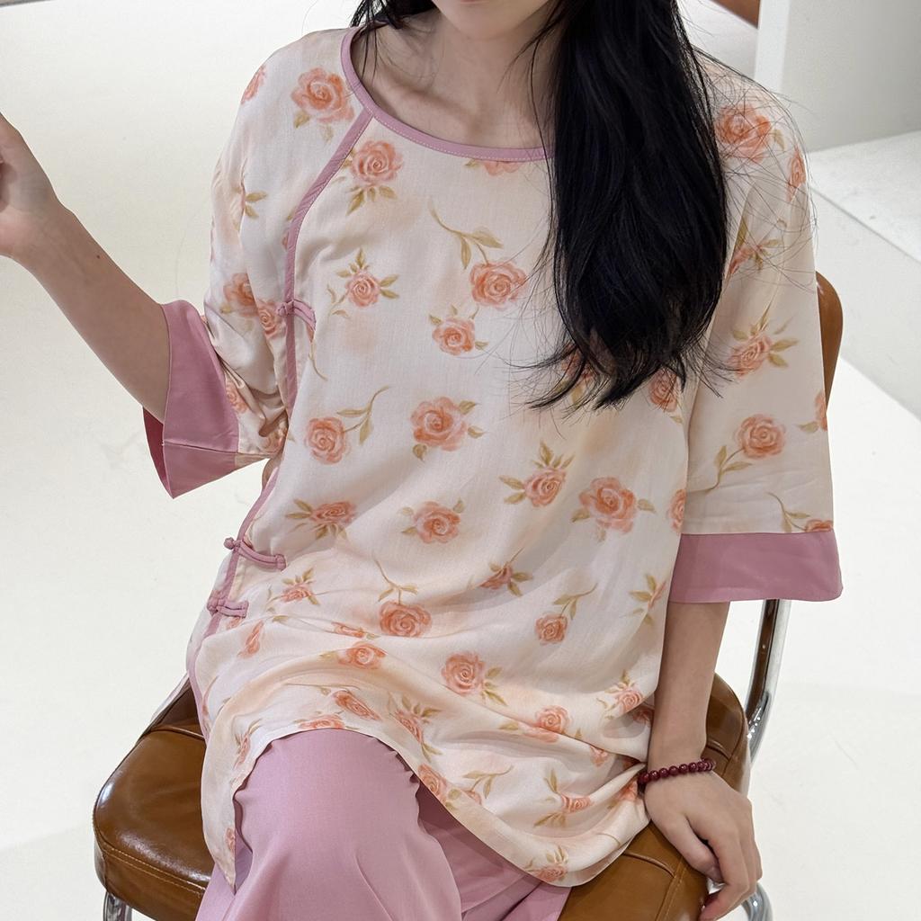 Hanfu pajamas women's spring summer new Chinese-style cotton and silk suit cotton silk medium-sleeved loose loungewear can be worn thin