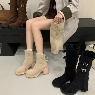 Stiefel lange Stiefel Damen Herbst und Winter neu dicker Absatz Wildleder hohe Damen abnehmbar und schön zwei Tragemöglichkeiten Hosenstiefel