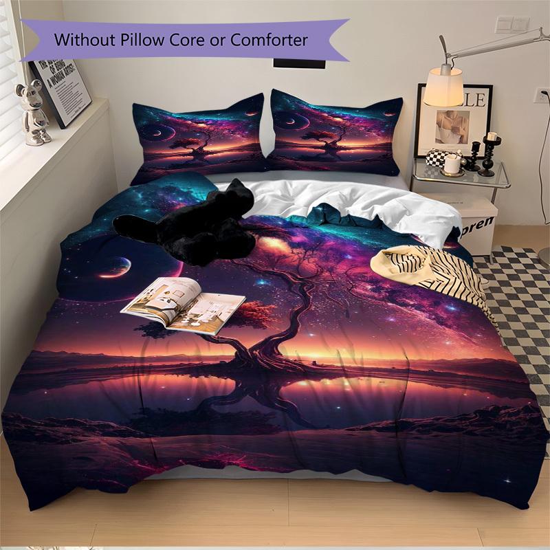 3pcs Fantasy Galaxy Tree Bedding Set - Includes One Quilt Cover and Two Pillowcases (No Core) - Home Decor, Festival Gift, Polyester Fabric,