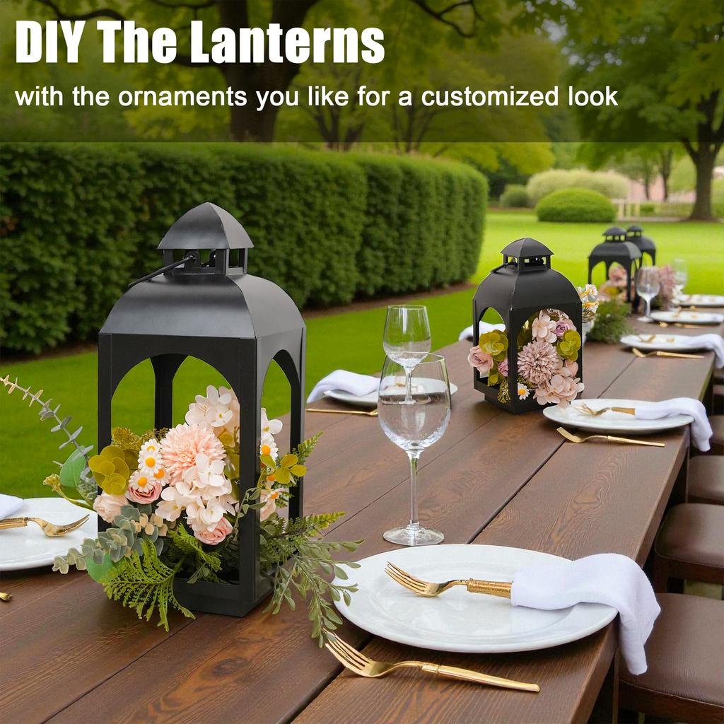 Vintage Set Of 2 Candle Lantern Black Metal Outdoor Lanterns Centerpieces for Patio Front Porch Wedding (Candles Included)