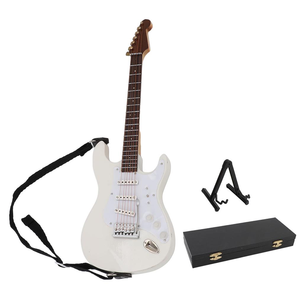 24cm White Micro Electric Guitar Model Wooden Guitar Decor with Bracket and Storage Box Home Decor