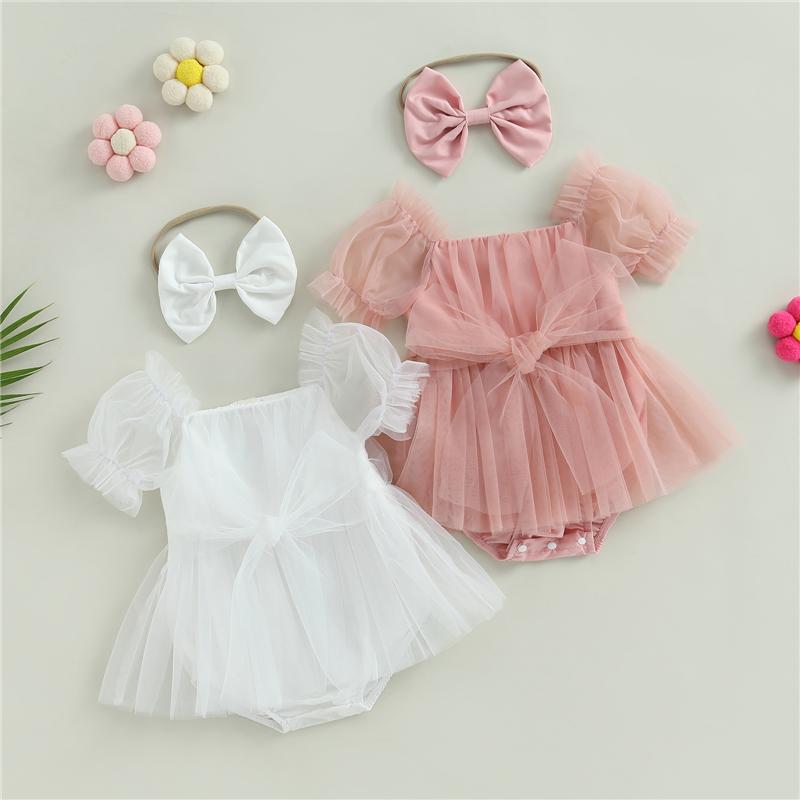 Tuta Vestito Romper per Neonata Bambina Manica Corta Fiocco Tulle Tute Estive Body con Fascia Abbigliamento Toddler