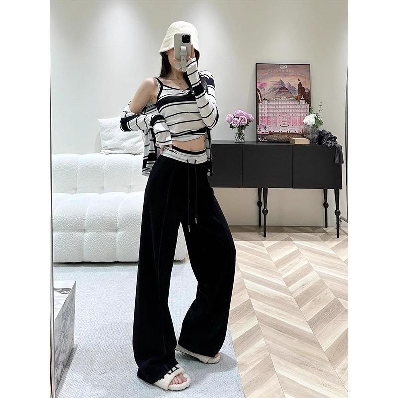 Wide-leg pants women's spring and autumn new high-waisted drawstring loose and thin versatile mopping straight casual pants
