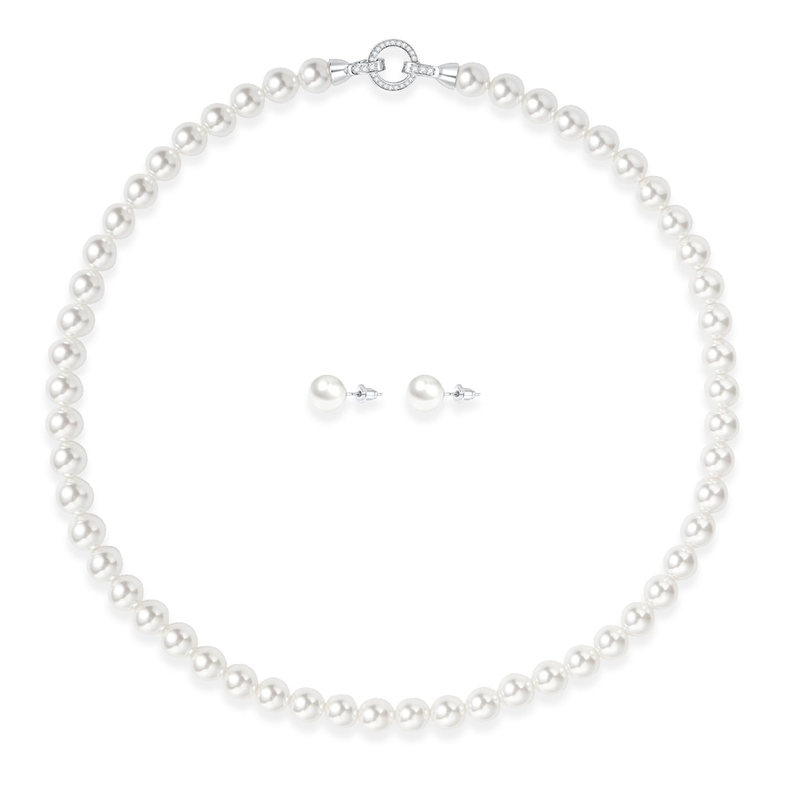 

[ACCE FANJI] Pearl Necklace and Earrings, 8mm Pearl, 45cm, S925 Sterling Silver, for Formal Occasions, White, Brand