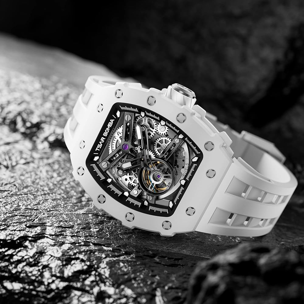 Tsar Bomba Men's Automatic Watch Skeleton Design 5 ATM Water Resistant Barrel Case Silicone Strap