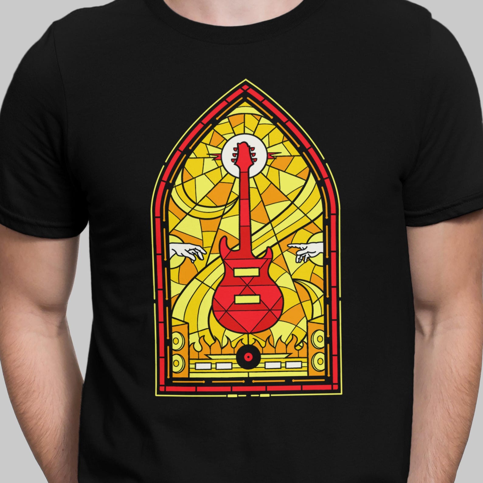 Stained Glass Guitar T-Shirt: Classic Rock Music Tee M