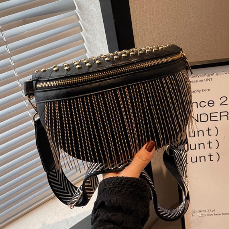 Rivet Small Bag Women's New Fashion Versatile Fringed Dumpling Bag Wide Shoulder Strap Women's Breast Bag Waist Bag