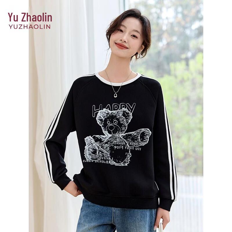 Yuzhaolin Women's Bear Print Striped Color Block Round Neck Sweatshirt