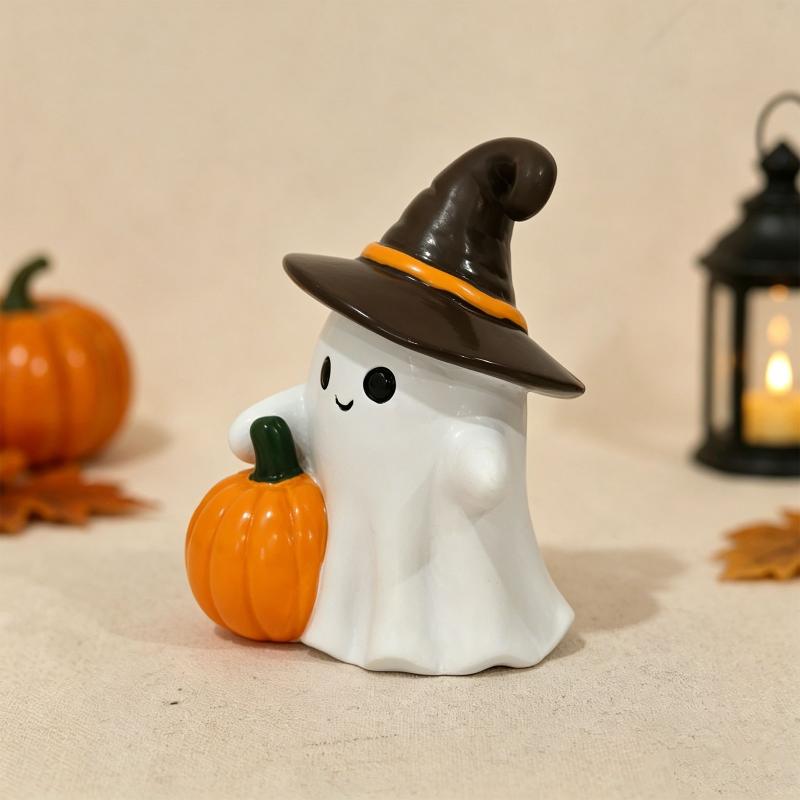 Resin Halloween Ghost With Pumpkin Ornament Mini Desktop Decor For Desk Window Sill Holiday Photo Prop Gift