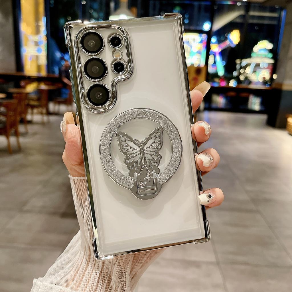 Suitable for Samsung S25 Ultra Mobile Phone Case Flash Powder Butterfly Magnetic Suction Bracket A53 Four Corner Airbag Anti Fall Protection Case
