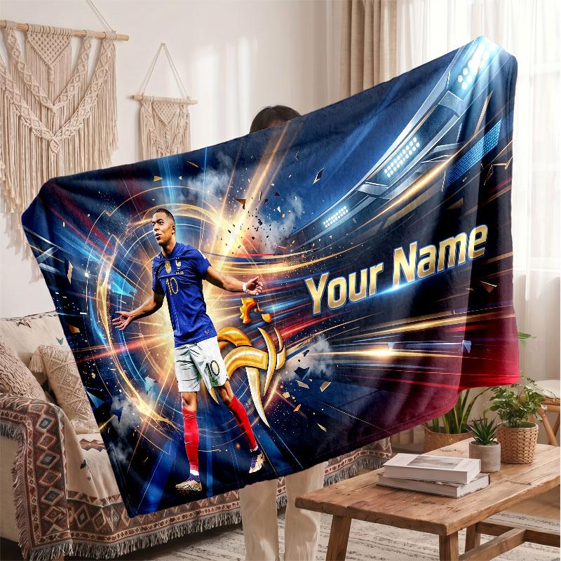 Couverture polaire personnalisée Kylian Mbappe avec logo de football, texte de nom personnalisé, couverture jetée douce et chaude pour la maison