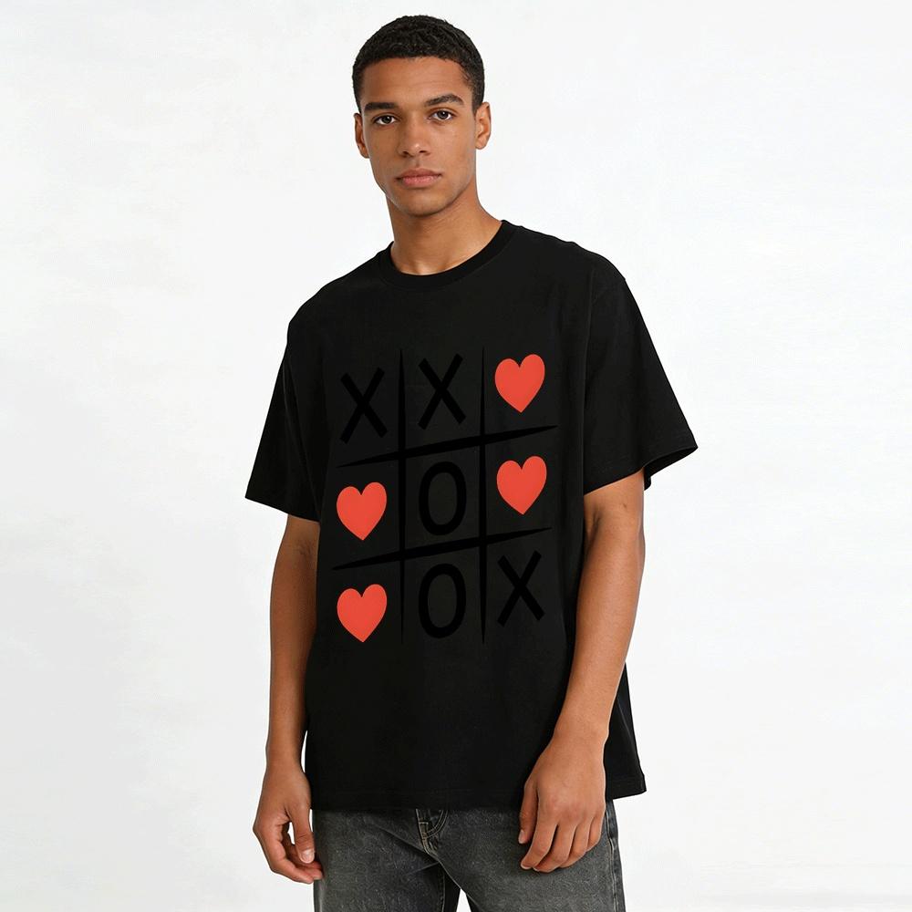 Tic Tac Toe Heart Print Casual Short Sleeve T-Shirt Pure Cotton T-shirt