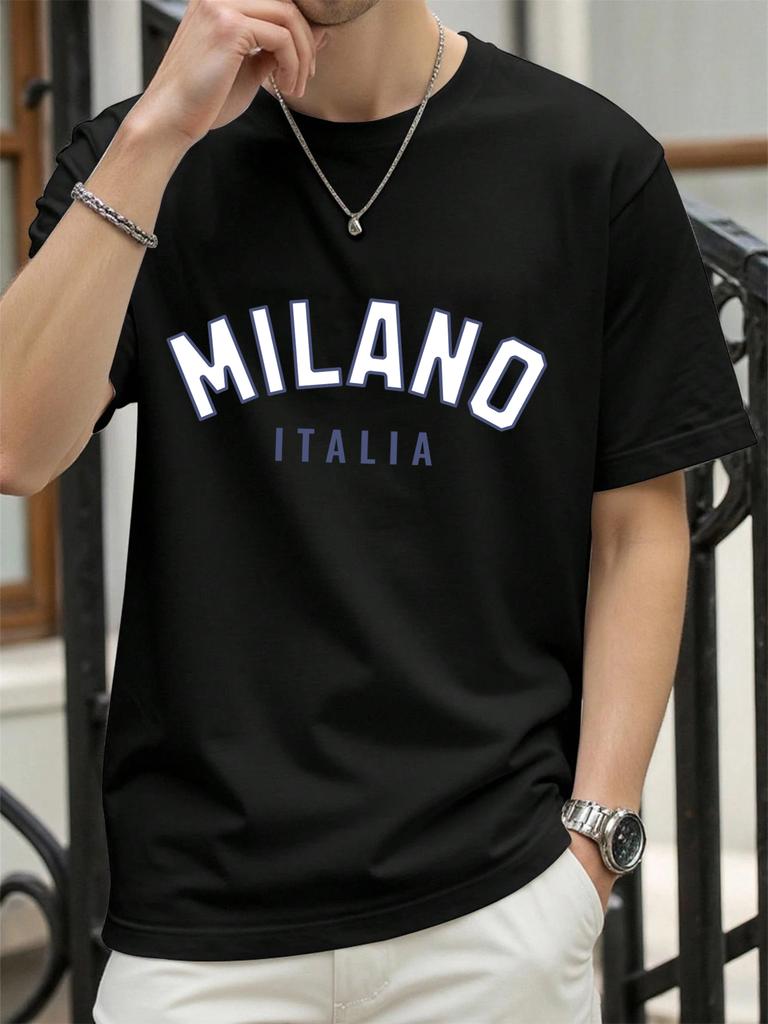Milano Włochy Nadruk Litery Retro Koszulka Męska Luźna Bawełniana Koszulka Modna Letnia Odzież Unisex Uniwersalna Streetwear
