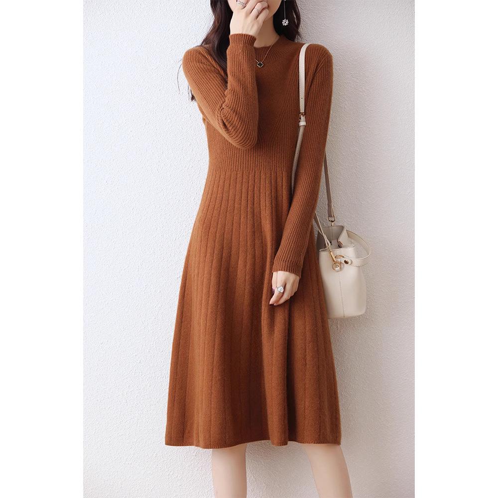 Women's Wool Round Neck Long Sweater Dress - Autumn/Winter Slim Knit Versatile Outerwear