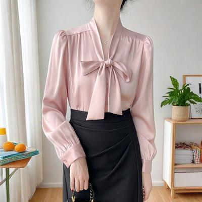 Spring Women's French Style Bow Tie Blouse, Satin Office Shirt with Flowing Ribbon Detail, Sexy Elegant Commute Wear for Business Casual