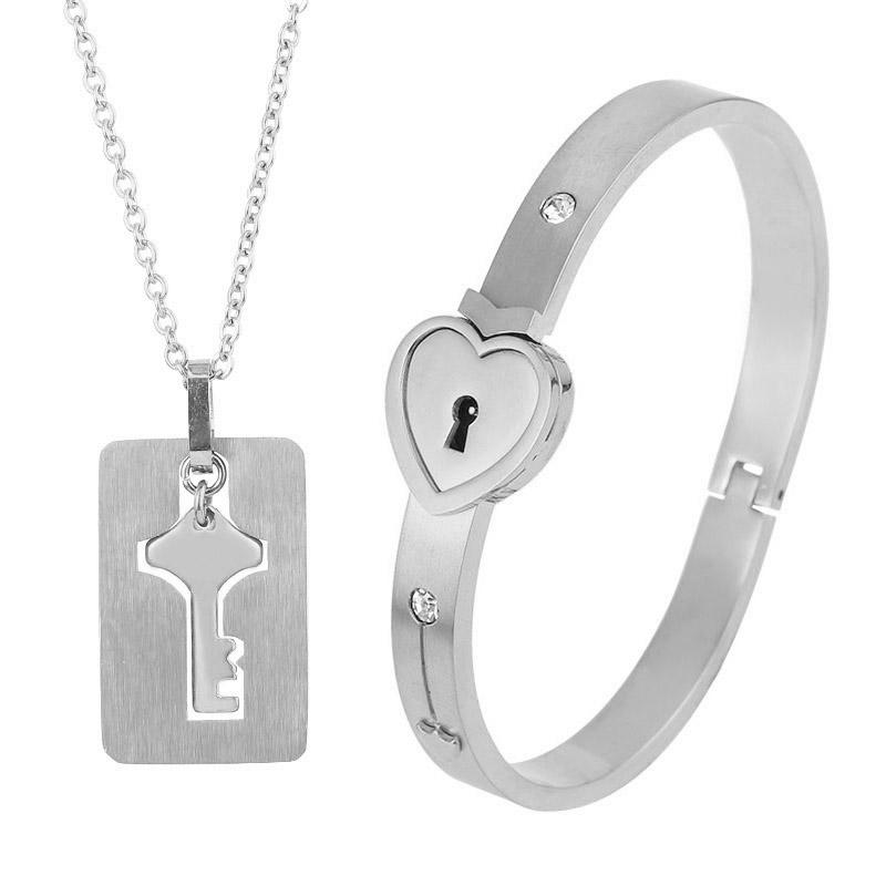 Couple Stainless Steel Bracelet Love Heart Lock Key Pendant Necklace For Women Men Valentine Gift Jewelry
