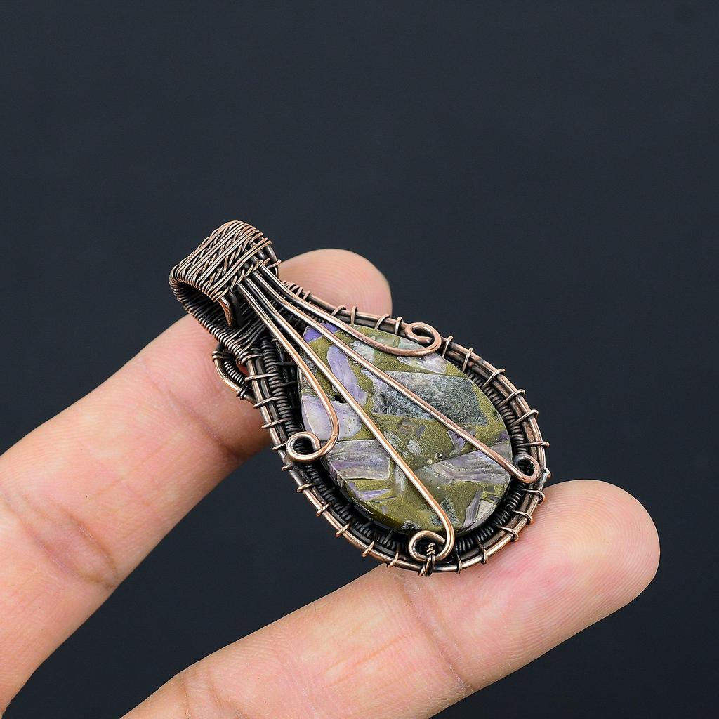 Copper Charoite Pendant Gemstone Jewelry, 999 Copper Wire Wrapped Pendant, Handmade Gift For Wife Pendant Jewelry