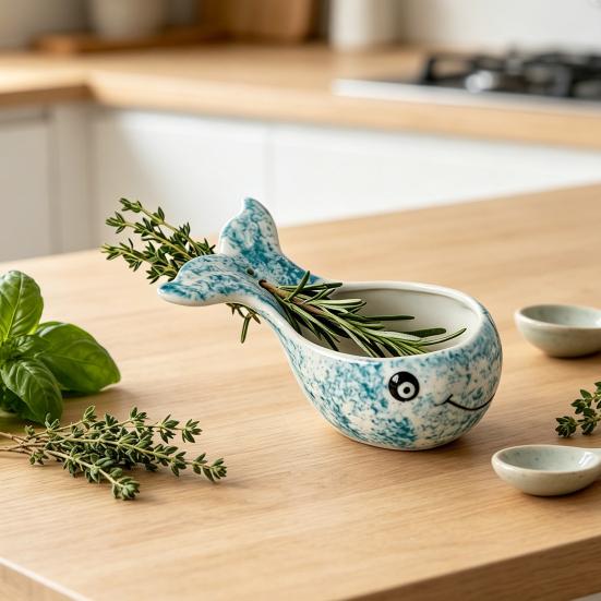 Herb Stripper Bowl Resin Herbal Peeling Bowl with 4 Size Holes Blue Whale Shape Pottery Herb Peeler for Removing Leaves from Thyme Rosemary