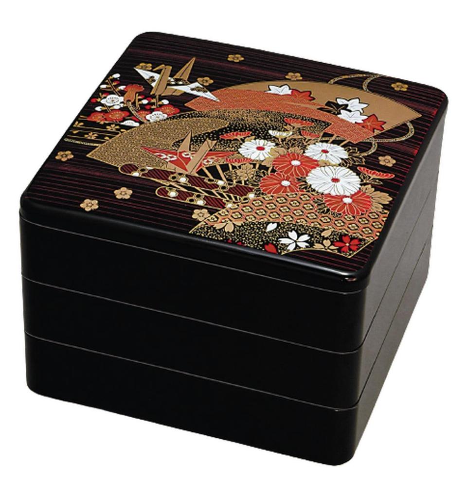Boîte à déjeuner d'extérieur Fabriquée en 3 Noir x x J-kitchens (Bento Box) Japon, Étages, 8 pouces, Forme d'éventail, 24,1 cm 24,1 cm 17,4 cm