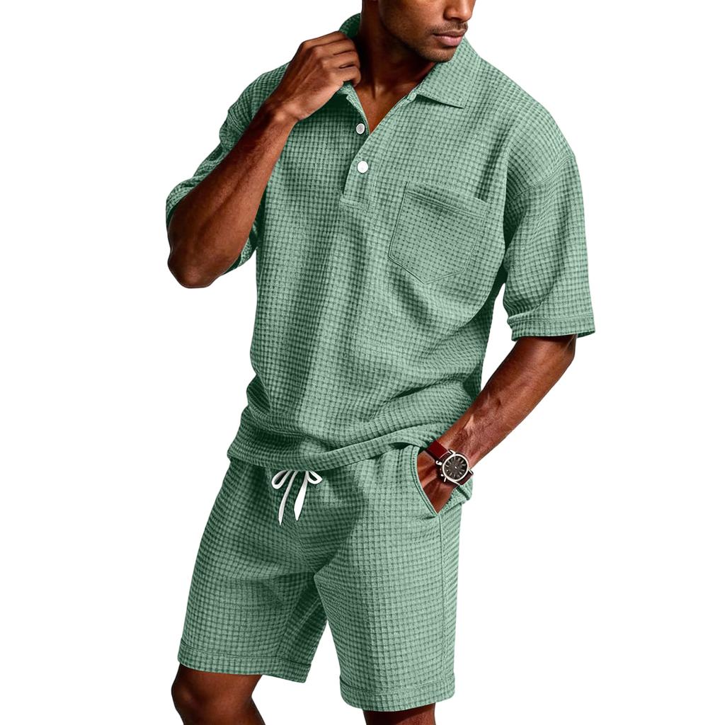 Men's Summer Hawaiian Button Shirt Shorts Set
