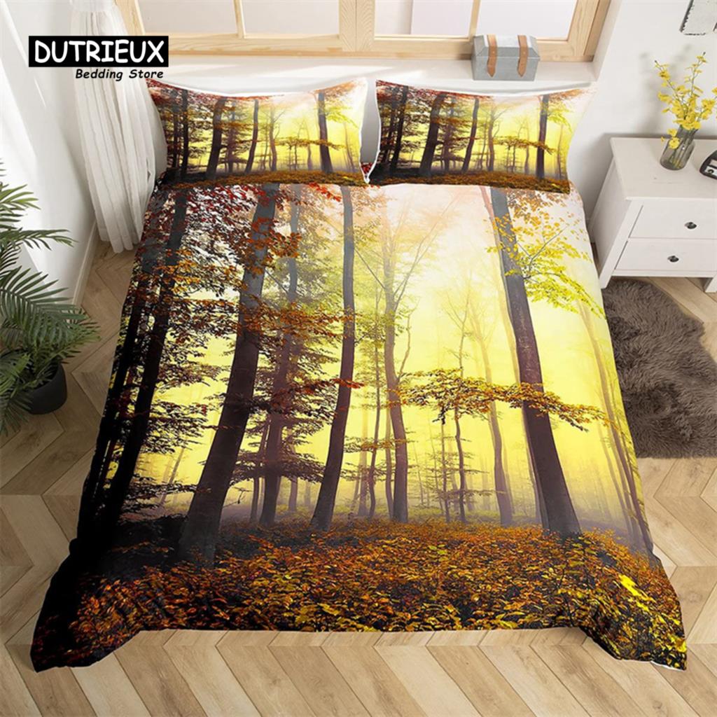 Dense Birch Trees with Red Leaves Duvet Cover Tree Lush King Bedding Set Polyester Jungle Nature Botanical Print Comforter Cover