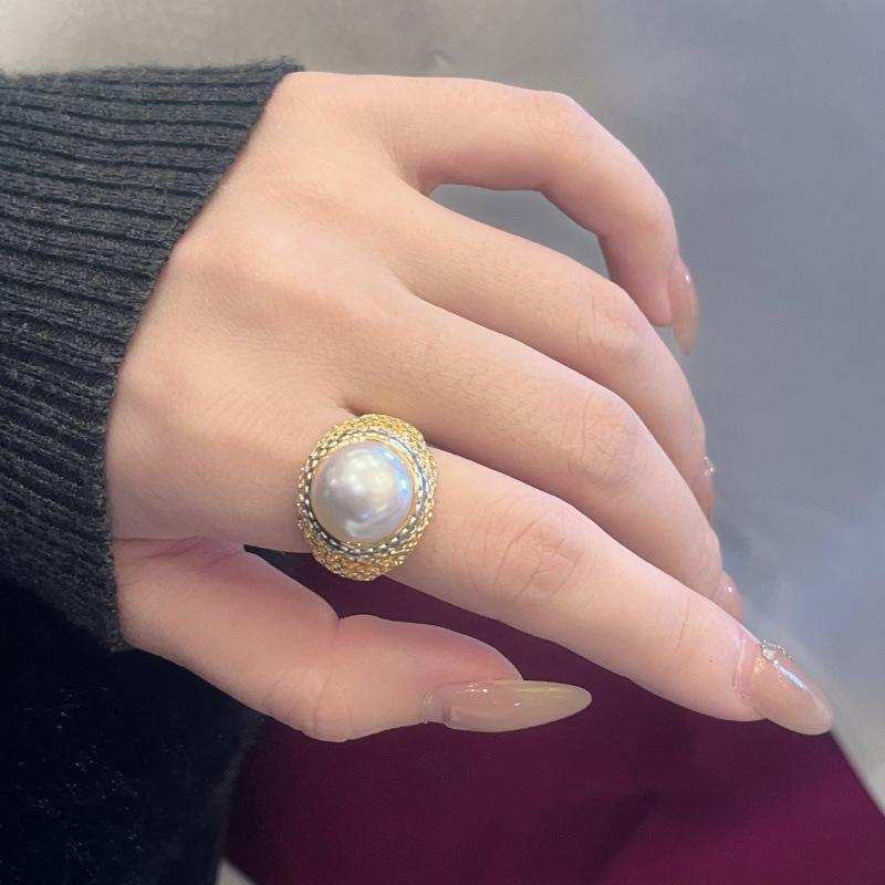Medieval Copper-Plated Gold-Studded Diamond Pearl Open Ring Ring Ring Women'S Personality High-End Hand Jewelry