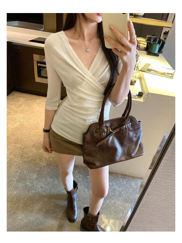Women's Slim-Fit Tencel Wool V-Neck Mid-Sleeve Top - Korean Style, Spring/Summer 2026 Collection