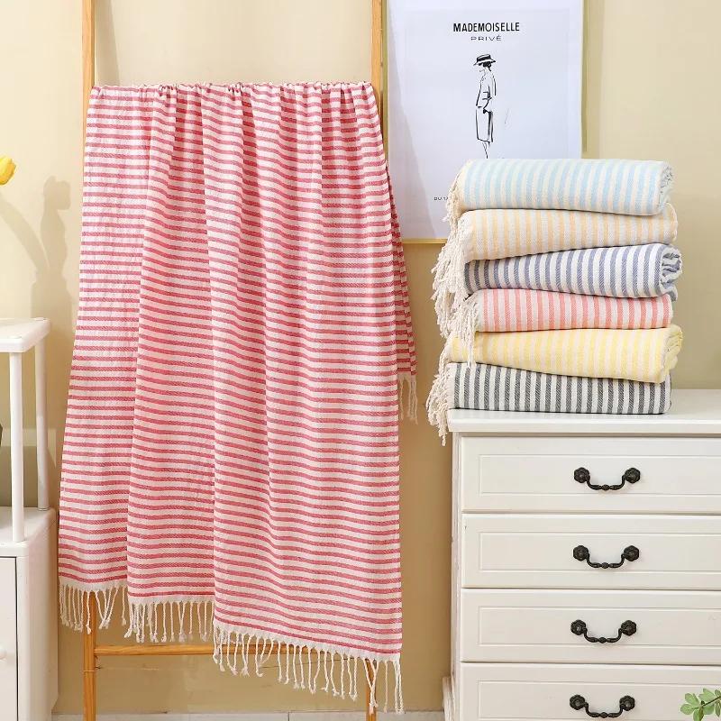Solid Color Thin Stripes Tassel Turkish Beach Towel Extra Large Thickened Absorbent Bath Towel for Outdoor Use