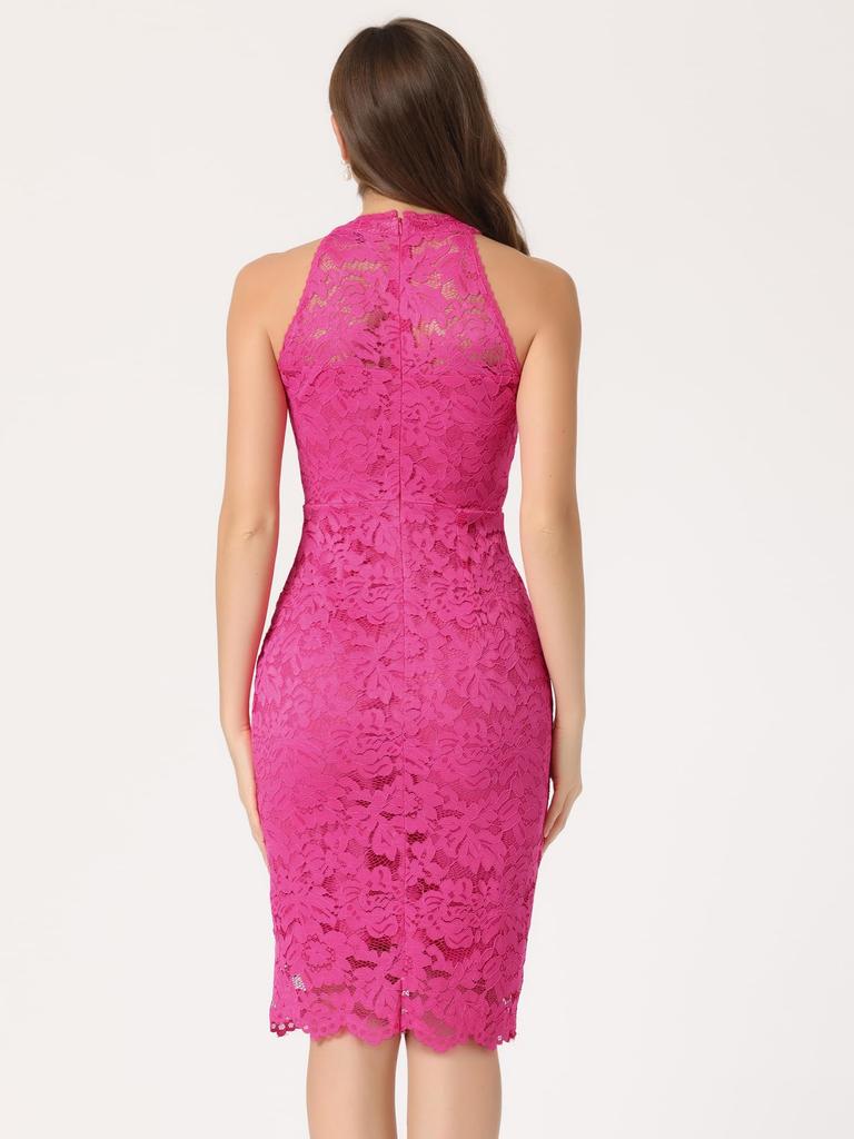 Allegra K Lace Bodycon Dress, Halter Neck, Sleeveless, Cocktail, Sheath, Elegant, Women's, Hot Pink, XS