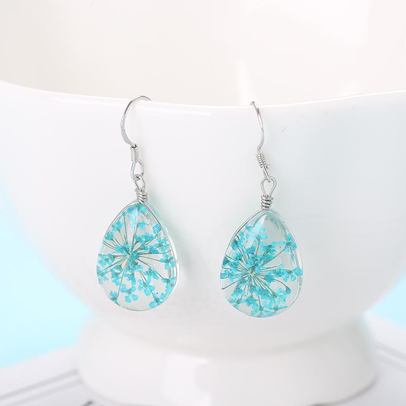Original Hand-Wound Water Drop Dried Flower Specimen Earrings Qingren, Student Gift E88