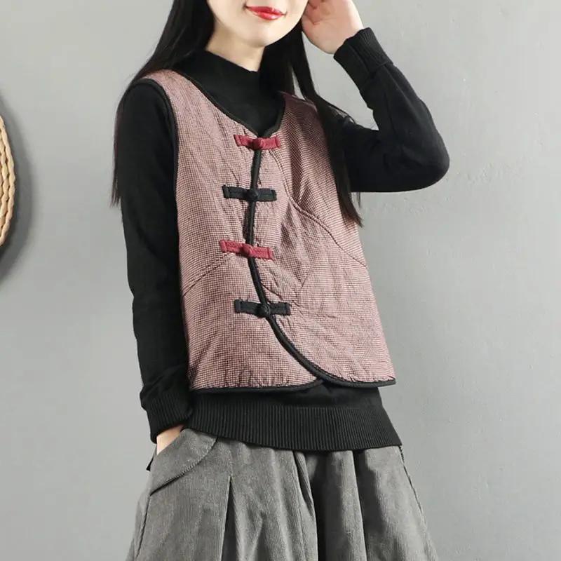 Gilet a quadri da donna Autunno Inverno Stile Cinese Bottoni a Rana Retro Ampio Senza Maniche Gilet