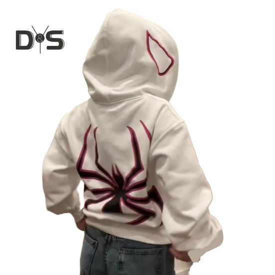 Пальто унисекс с принтом паука в темном стиле панк, костюм унисекс на Хэллоуин, хип-хоп, мягкое плюшевое пальто на молнии с длинными рукавами и капюшоном, зимне-осеннее пальто L белый