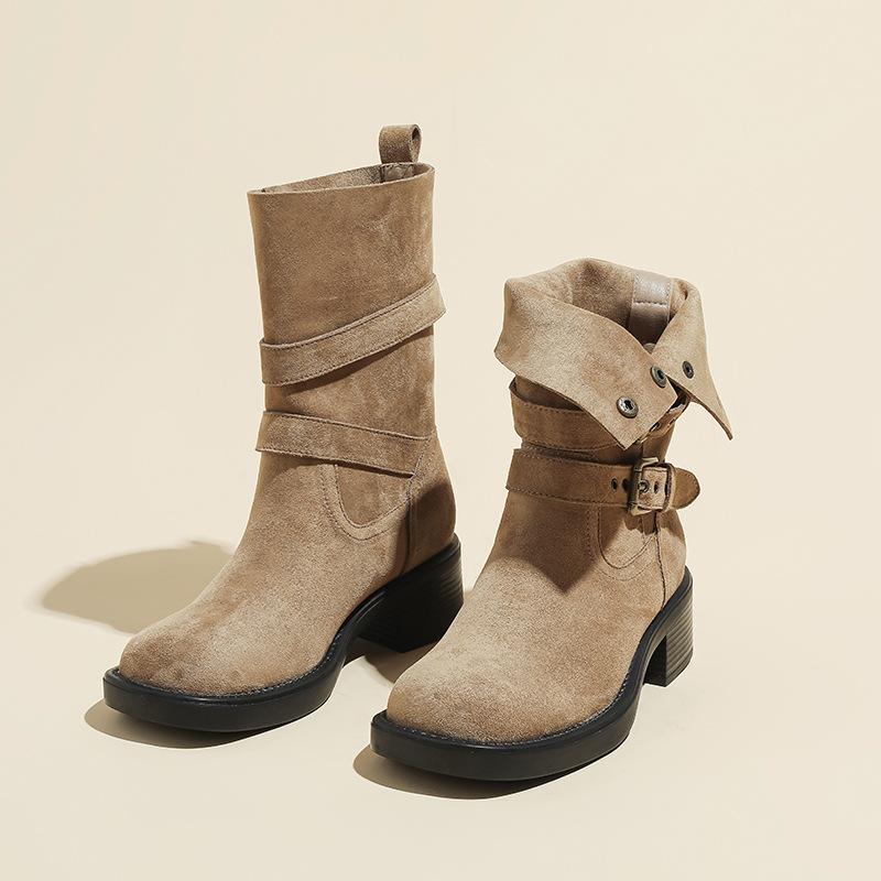 

Vintage Maillard Martin Boots Women s Autumn But Knee Two Wear Fold Western Cowboy Boots Thick Heel Thick Sole Medium Boots 40 хаки