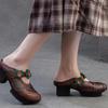 Johnature Etnische Stijl Dikke Hak Ronde Neus Buitenslippers Retro Bedrukt Echt Leer Dames Schoenen