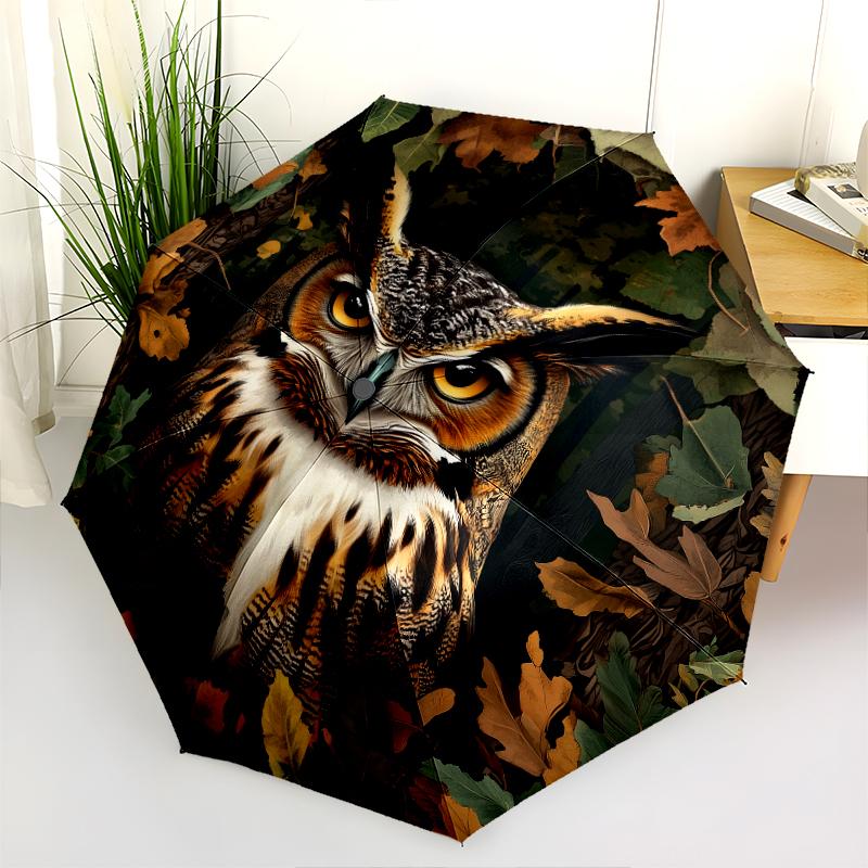 Owl and Leaf pattern, automatic folding umbrella, portable and foldable design, 8 ribs, a Christmas or birthday gift.