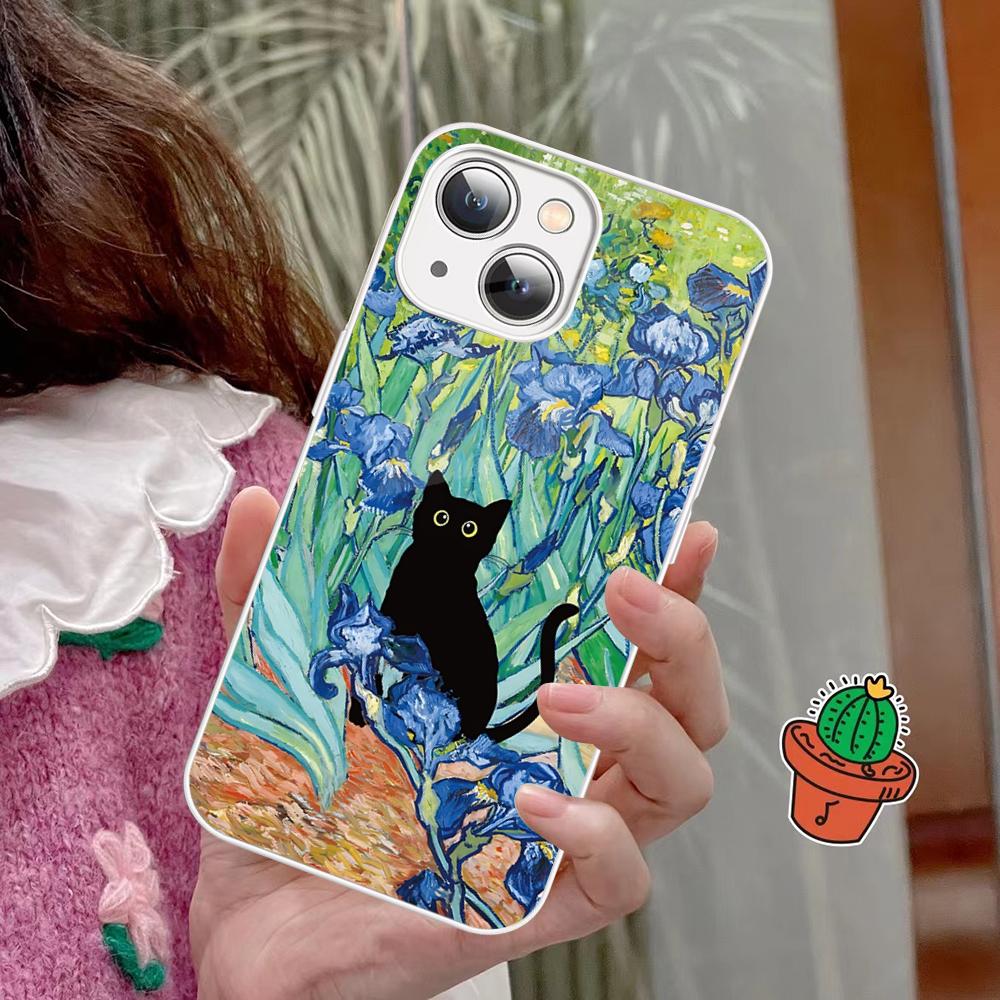 Cartoon Animal Black Cat Oil Painting Phone Case Tempered Glass For Iphone 14 13 12 11 Pro Mini XS MAX 14Plus X XS XR Fundas