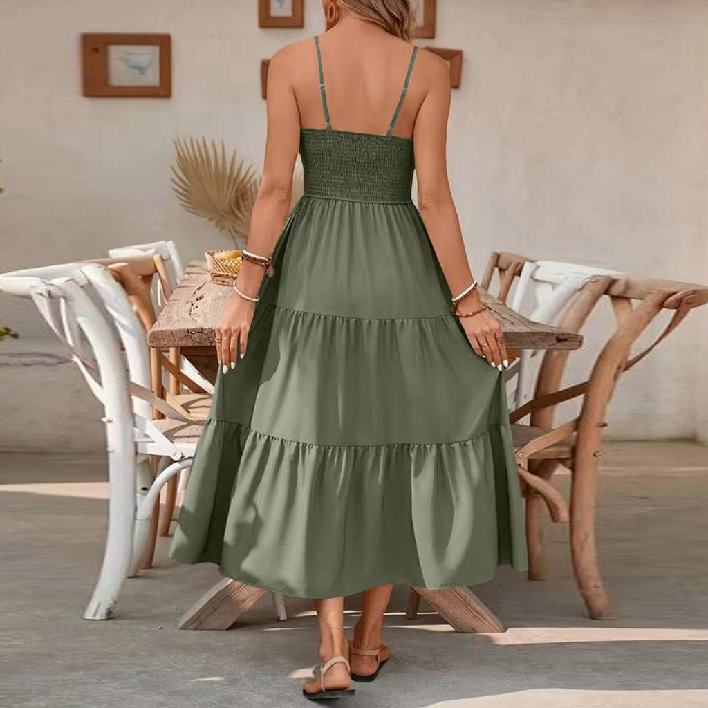 Women’s Sleeveless Smocked Waist Maxi Dress with Spaghetti Straps and Side Slit for Summer Beach and Vacation Wear
