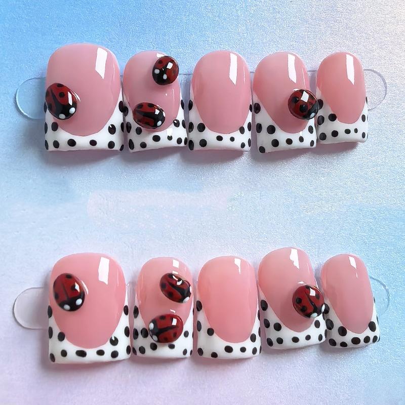 10pcs Nude Pink Handmade Press On Nails Short Square Bow Flower Diamond French Tip Fake Nails