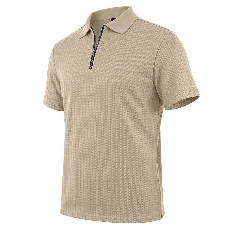 Men Vertical Cable Knit Half Zip Polo Shirt Short Sleeve Solid Slim Fit Casual Top
