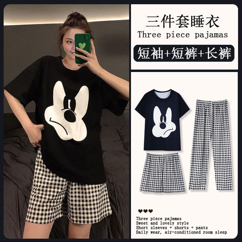 Summer Korean Sweet Pajamas Women's Crew Neck Short-sleeved Three-piece Comfortable Women's Loungewear Spot Straight Hair