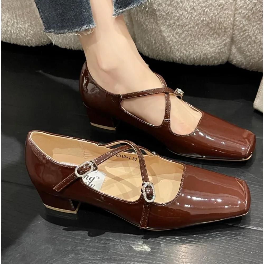 Square Heels Mary Janes Square Toe Med Heels Flats Spring/Autumn Solid Color Women's Shoes Buckle Strap Fashion Ladies Shoes