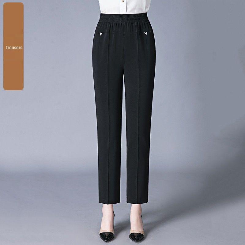 Women's Lightweight Ice Silk High-Waist Casual Pants for Summer - Mid to Elderly, Loose Fit, Nine-Length