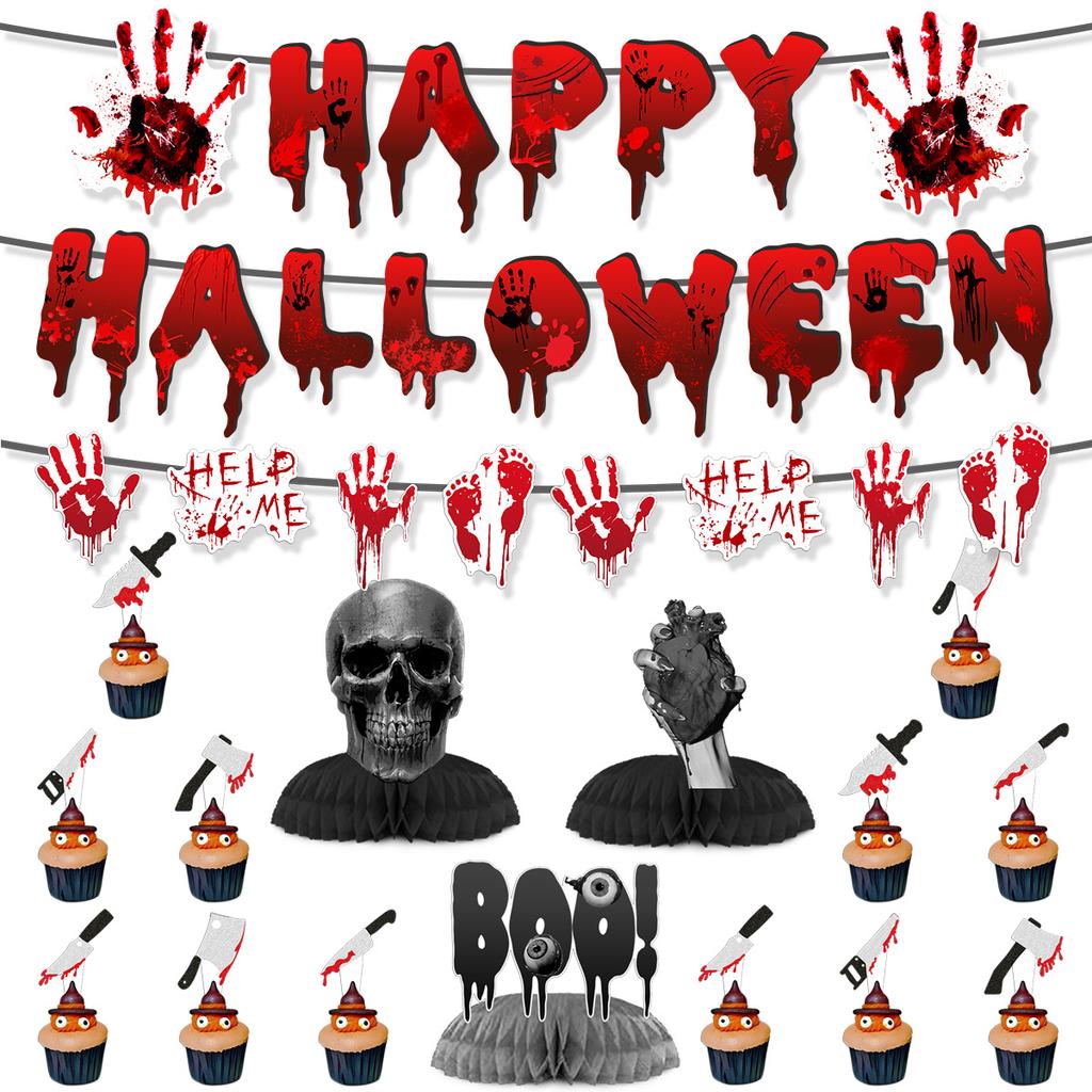 Halloween Bloody Horror Party Arrangement Bloody Handprint Birthday Flag Honeycomb Ornament Set