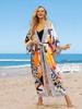 EDOLYNSA 2024 Multicolored Women Bikini Kimono Cardigans Boho Print Long Bathing Suit Cover Ups Swimwear Plus Size Loungewear with Self Belt Outfits