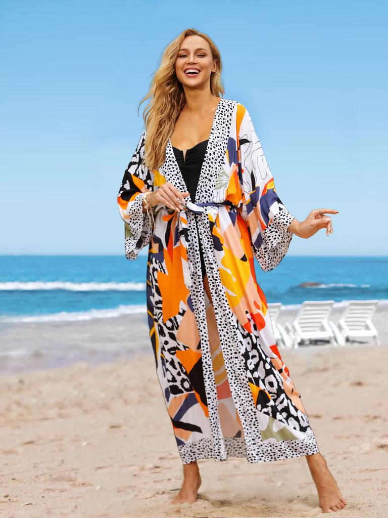 EDOLYNSA 2024 Multicolored Women Bikini Kimono Cardigans Boho Print Long Bathing Suit Cover Ups Swimwear Plus Size Loungewear with Self Belt Outfits