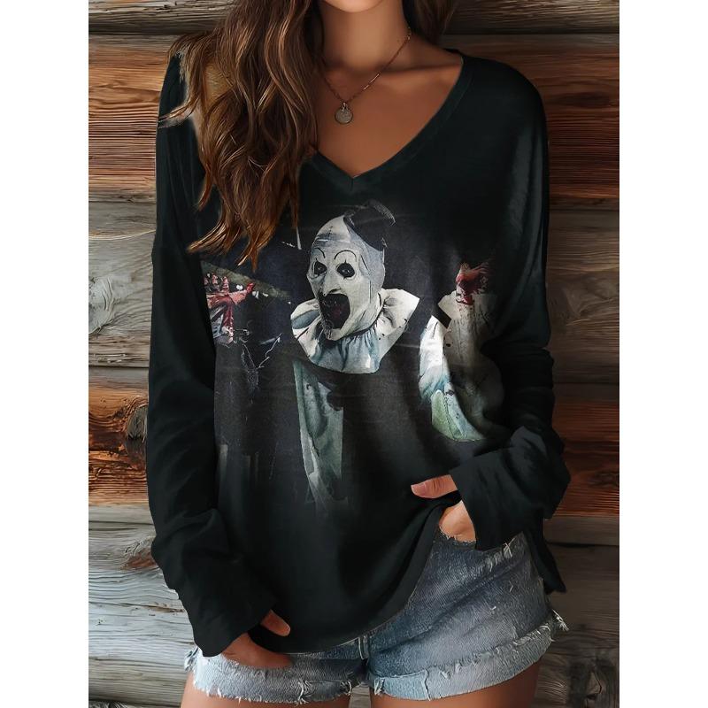 Halloween Pumpkin Ghost Print 3D Graphic Long Sleeve T-Shirt Casual V-Neck Top Polyester Breathable Women's Fashion Apparel